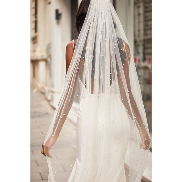 New Ivory 118 inch Pearl Wedding Veil Cathedral Extra Long‎ Embellished Bridal main image 6